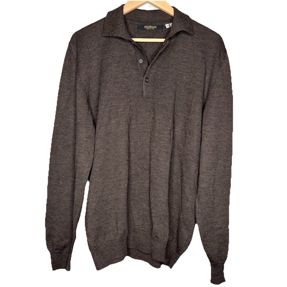 BachRach made in ITALY 100% Merino Wool Men's Brown Polo Sweater Pullover SZ-L